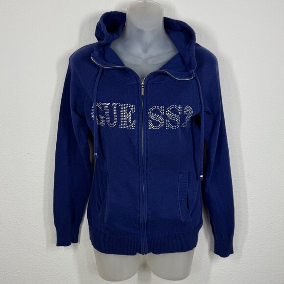Guess Womens Blue Full Zip Bling Sweater Hoodie Size M Knit Sweatshirt - Picture 1 of 9
